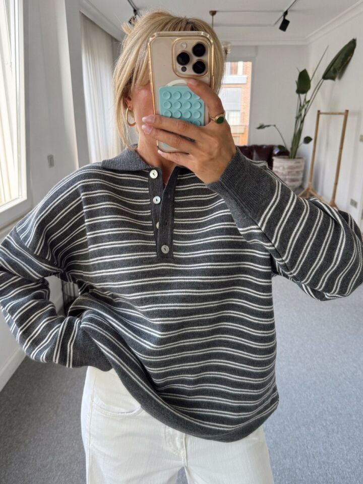 GRİ ÇİZGİLİ POLO YAKA TRİKO