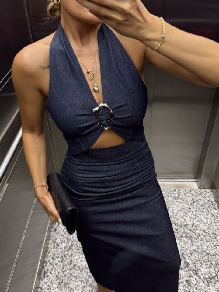 DENİM TOKA DETAY MAXI ELBİSE