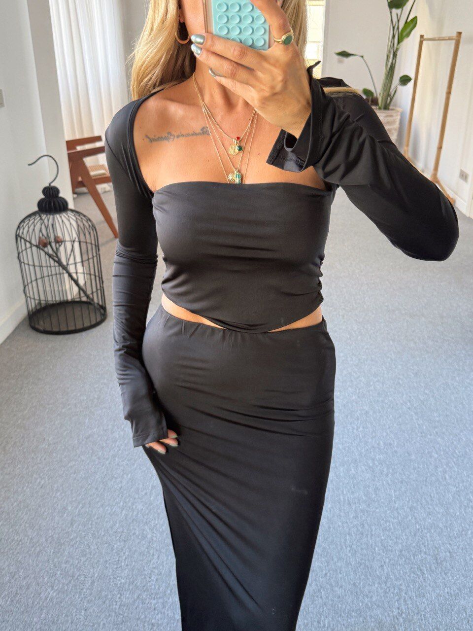 SİYAH KARE YAKA CROP ETEK JARSE TAKIM