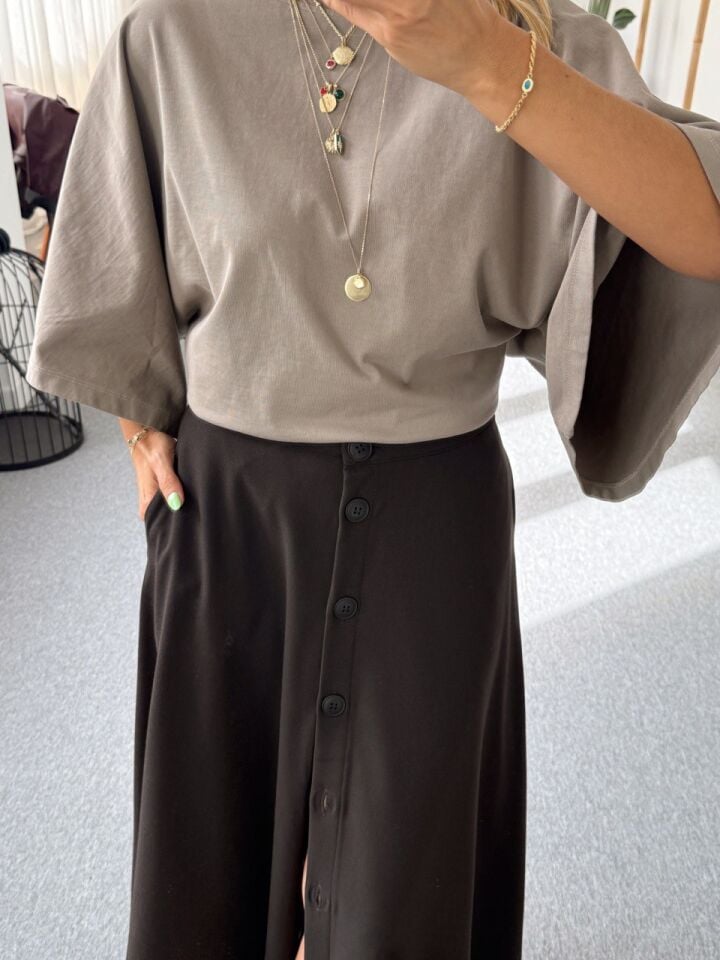 KAHVE DÜĞMELİ KLOŞ ETEK