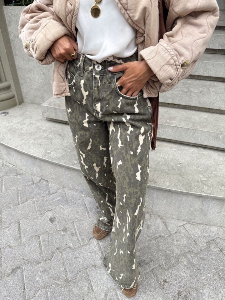 HAKİ DESENLİ YÜKSEK BEL WIDE LEG JEAN