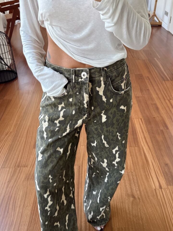 HAKİ DESENLİ YÜKSEK BEL WIDE LEG JEAN