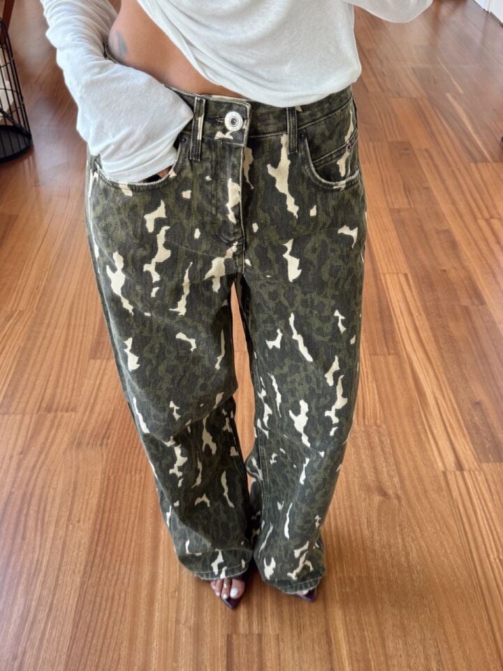 HAKİ DESENLİ YÜKSEK BEL WIDE LEG JEAN