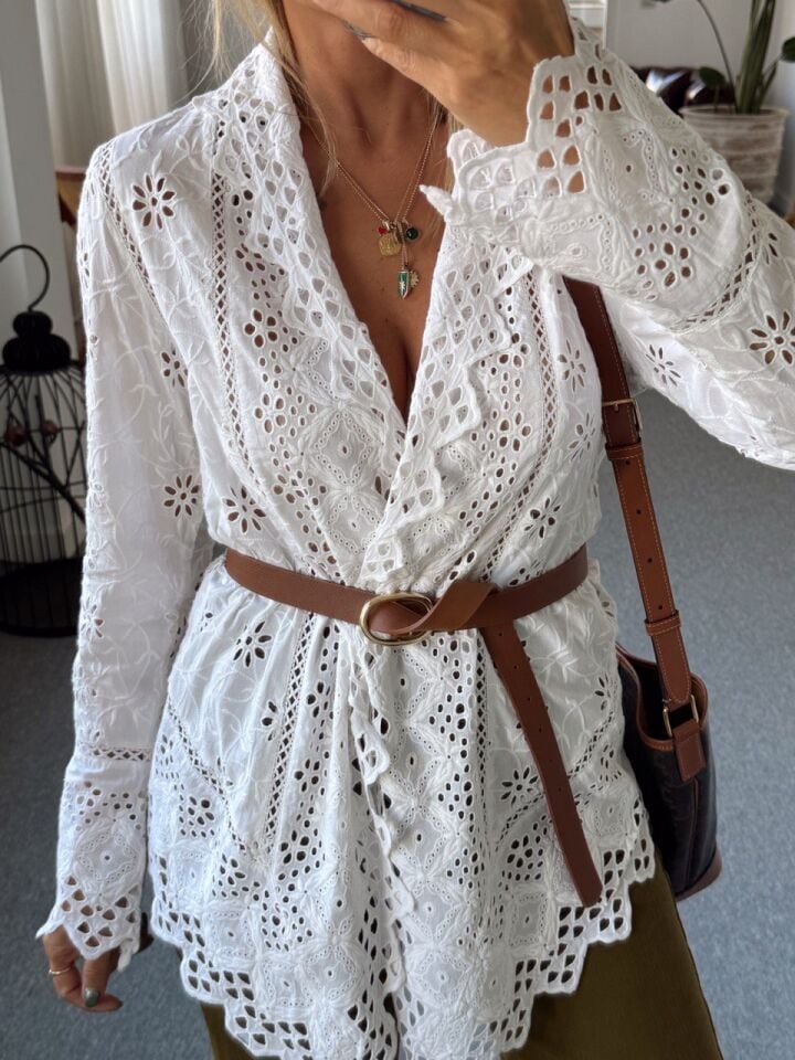 BEYAZ ASİMETRİK GÜPÜR İTHAL KİMONO BLUZ