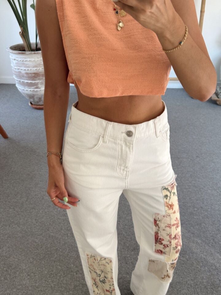 BEYAZ ÇİÇEK DESEN PARÇALI DENIM PANTOLON