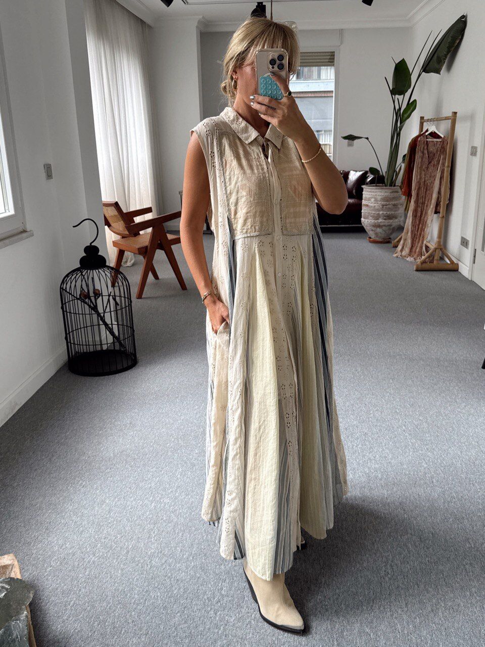 ÇİZGİLİ PARÇA DETAY MAXI İTHAL ELBİSE