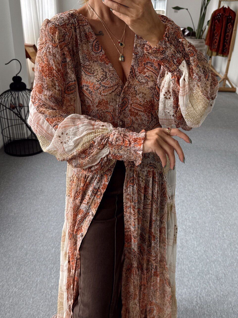 ŞİFON İŞLEMELİ ETNİK DESEN MAXI TUNİK