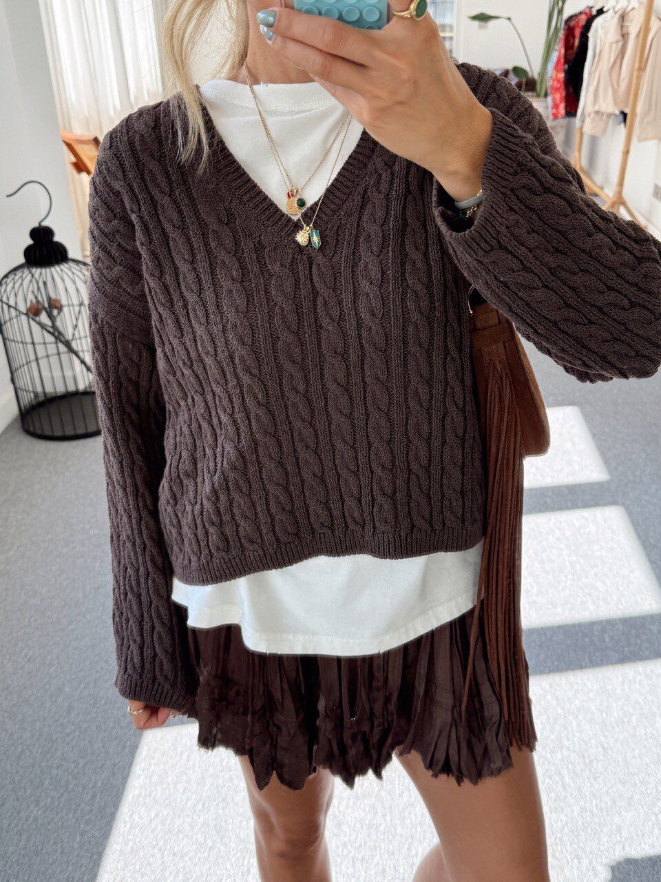 KAHVE SAÇ ÖRGÜ V YAKA KAZAK