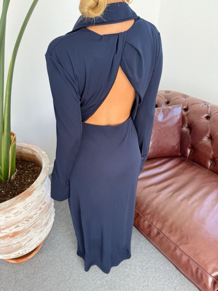 LACİVERT SIRT DEKOLTELİ MAXI ELBİSE