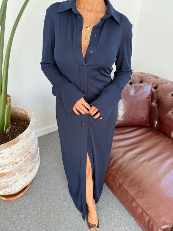 LACİVERT SIRT DEKOLTELİ MAXI ELBİSE