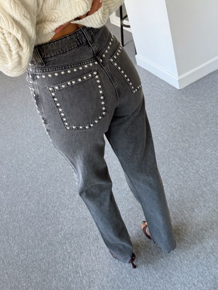 GRİ TAŞLANMIŞ ZIMBA DETAY JEAN