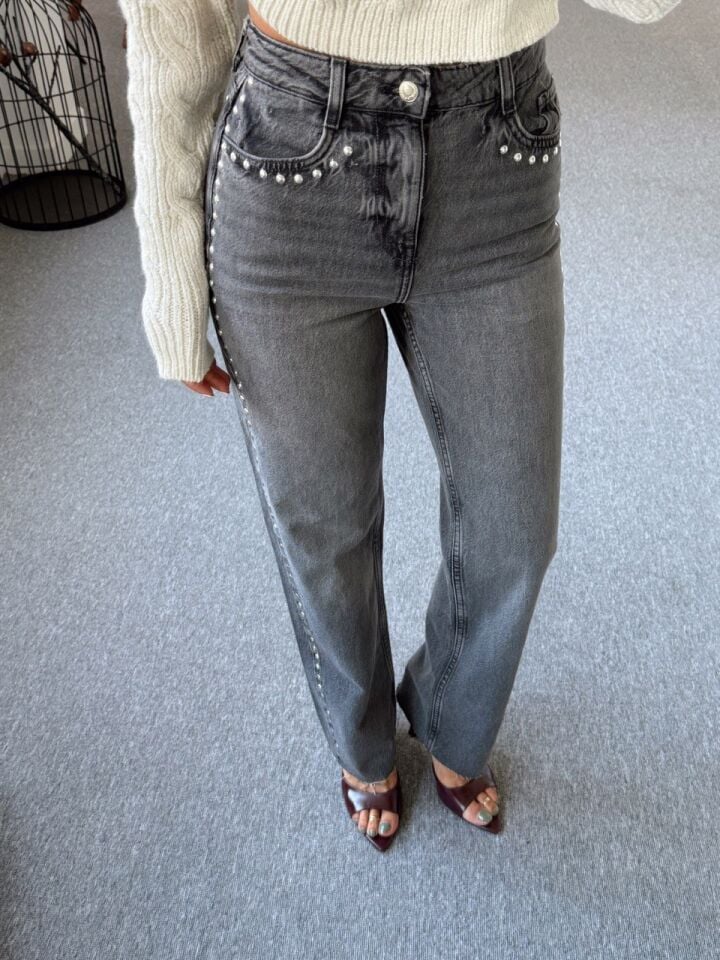 GRİ TAŞLANMIŞ ZIMBA DETAY JEAN