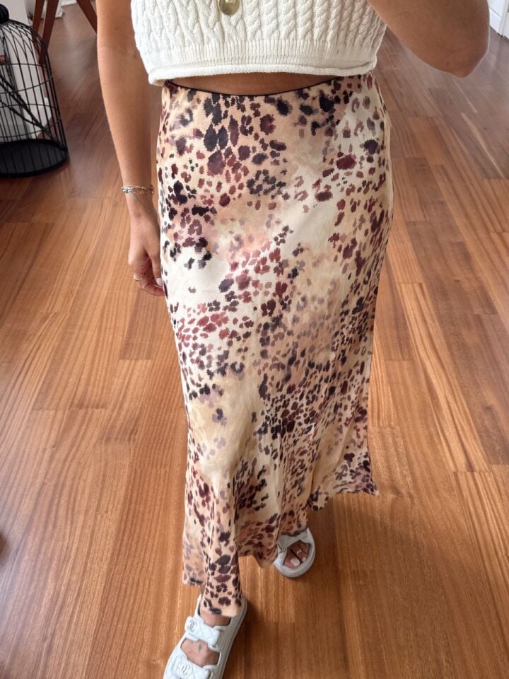 AÇIK KAHVE DESENLİ SATEN VEREV ETEK