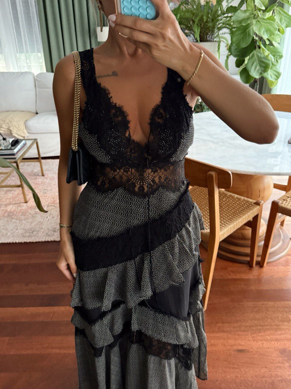 PUANTİYE DESEN DANTEL PARÇALI İTHAL ELBİSE