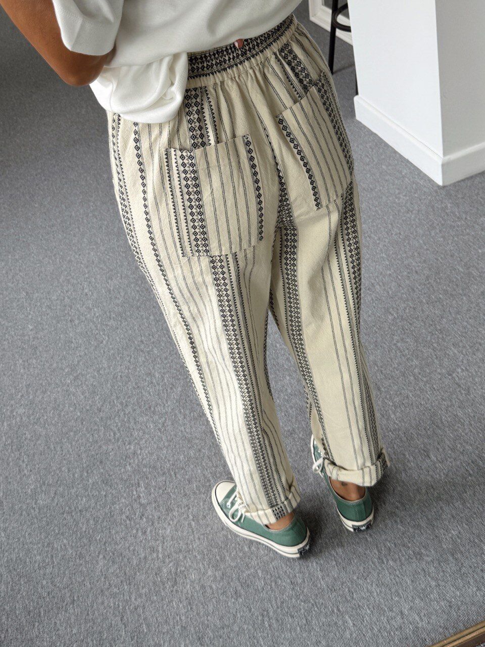 KREM ETNİK DESEN İTHAL PANTOLON