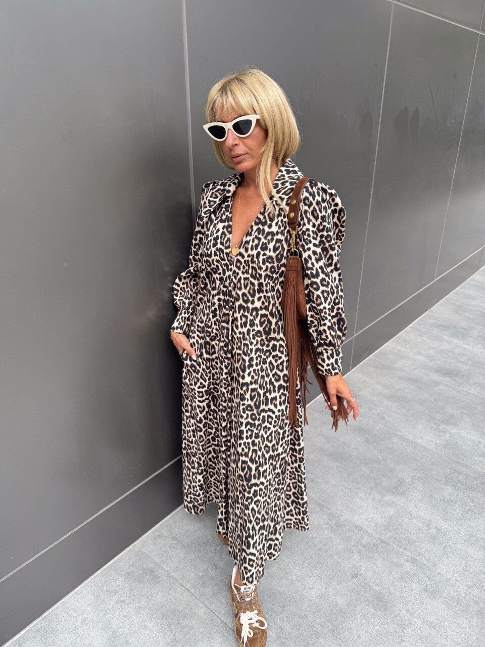 LEOPAR DESENLİ MİDİ GÖMLEK ELBİSE