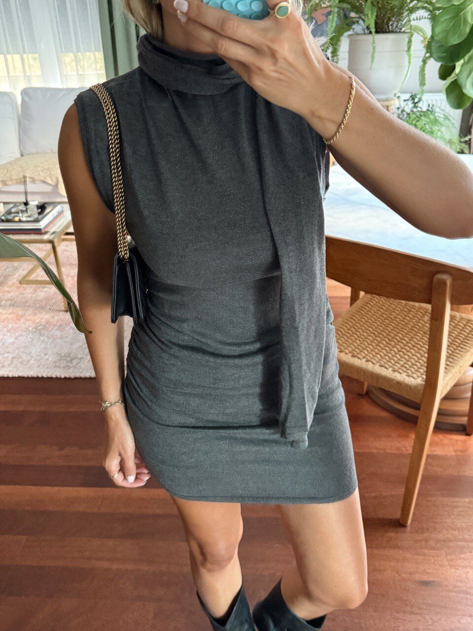 ANTRASİT ŞAL YAKA MİNİ ELBİSE