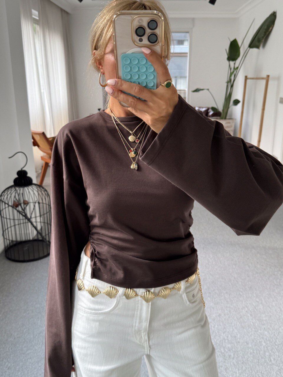 KAHVE YANLARI DRAPELİ BLUZ