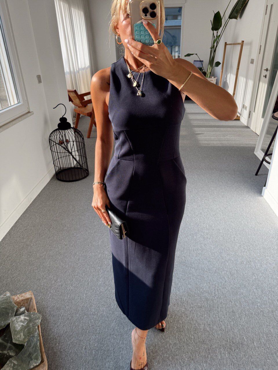 LACİVERT CEP DETAY MAXI  ELBİSE