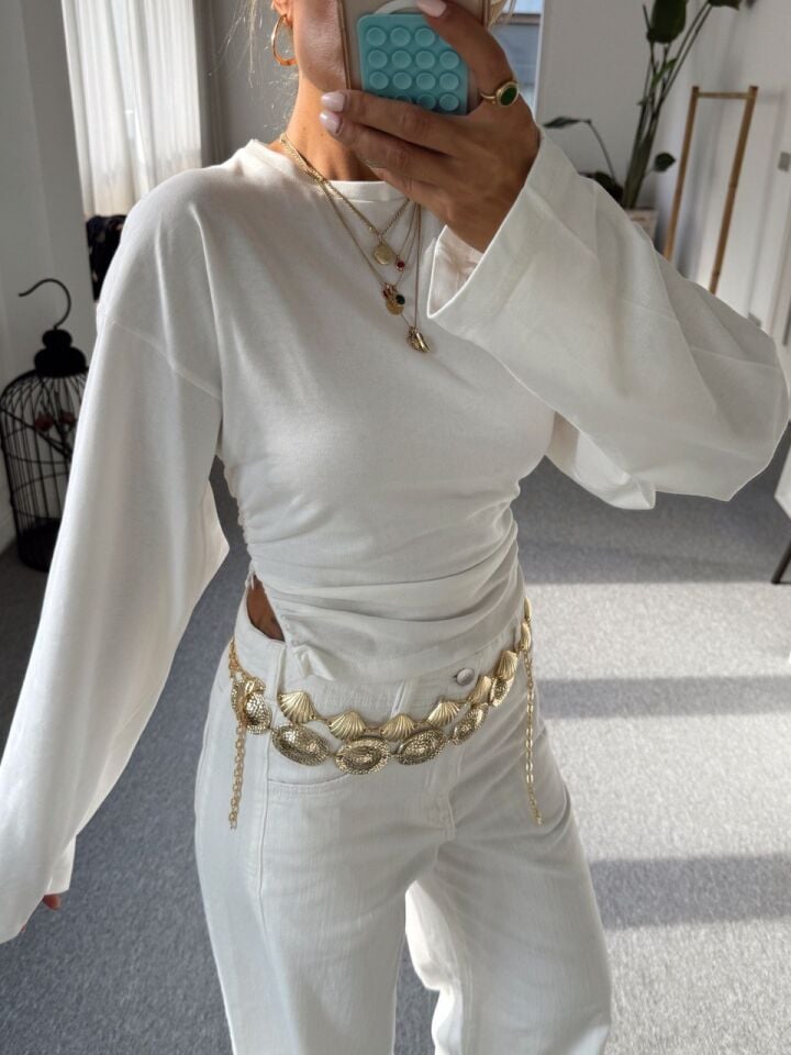 BEYAZ YANLARI DRAPELİ BLUZ
