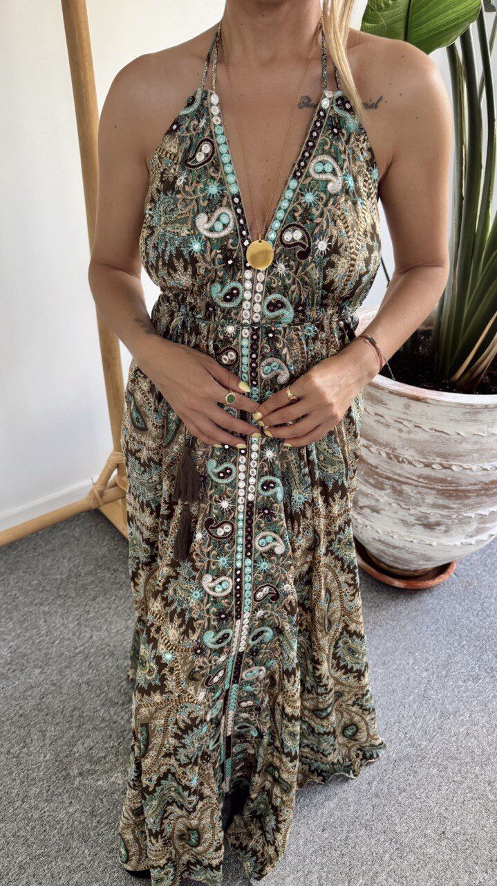 HAKİ-MAVİ TAŞ İŞLEMELİ İTHAL ELBİSE