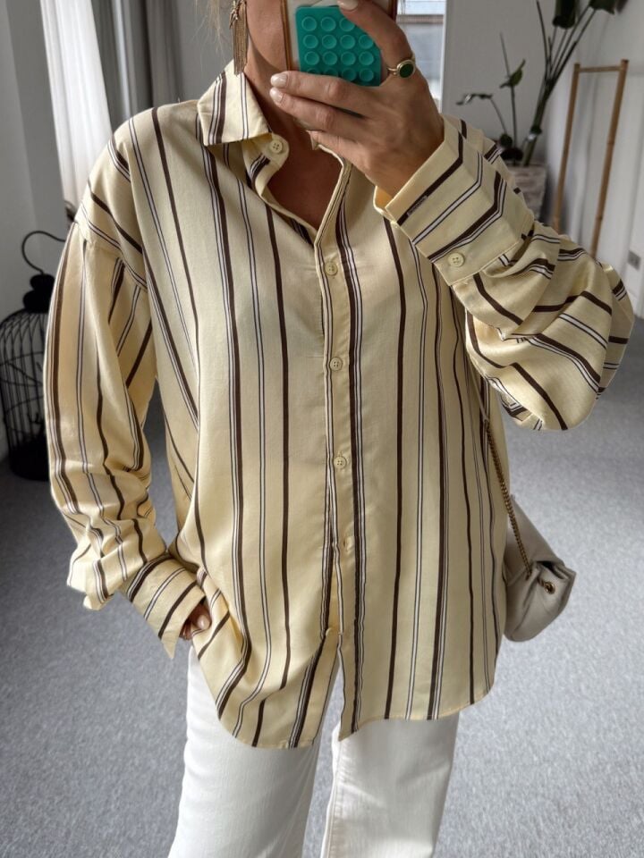 SARI ÇİZGİLİ OVERSİZE GÖMLEK