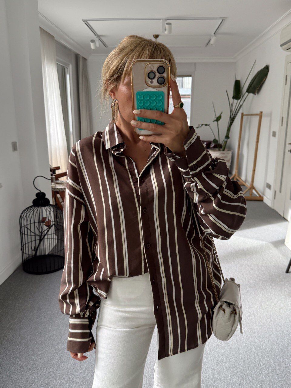 KAHVERENGİ ÇİZGİLİ OVERSİZE GÖMLEK