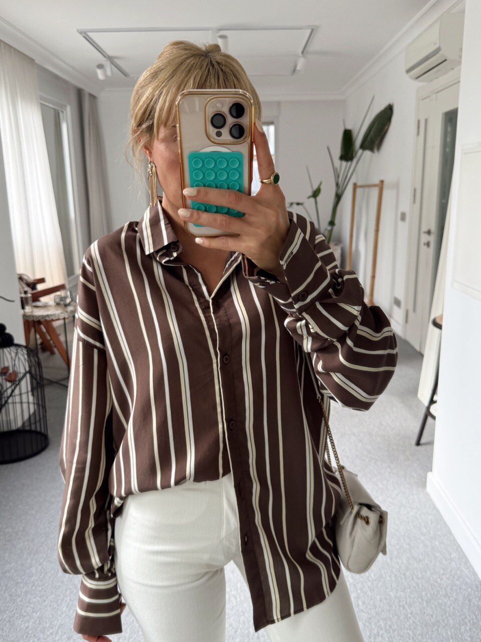 KAHVERENGİ ÇİZGİLİ OVERSİZE GÖMLEK