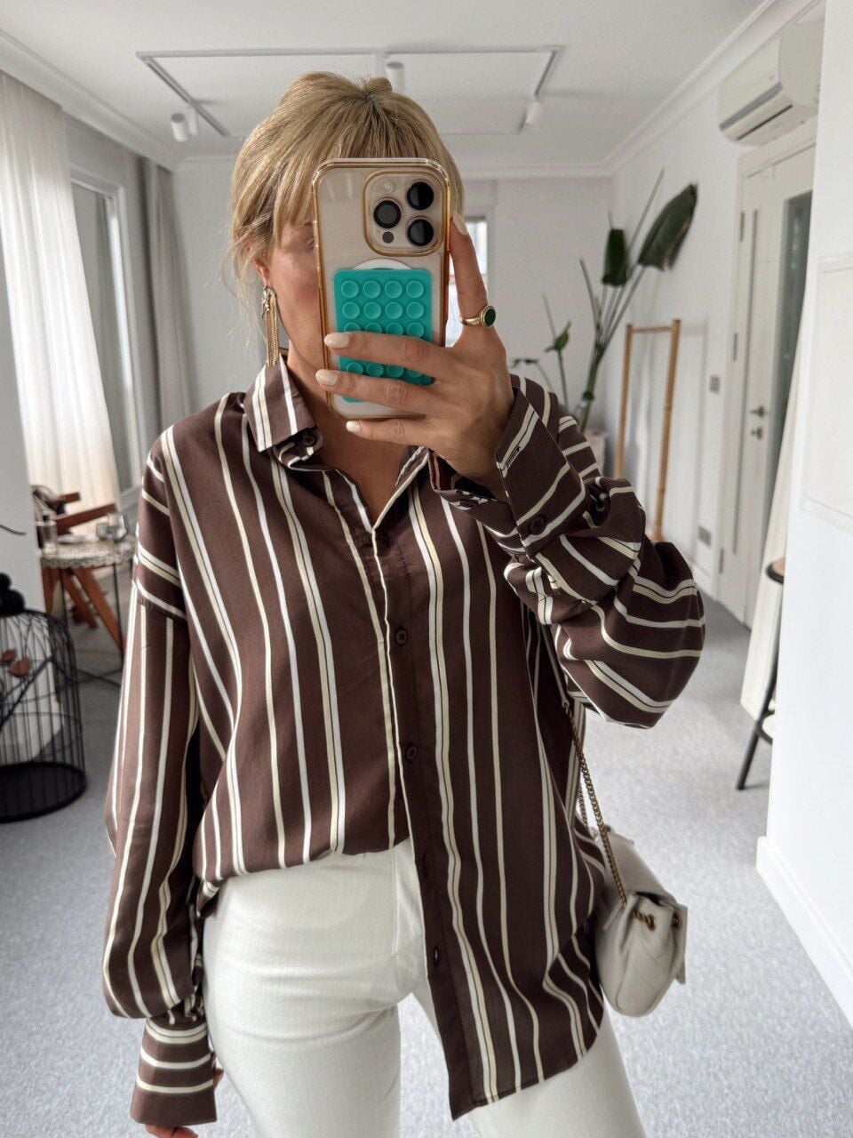 KAHVERENGİ ÇİZGİLİ OVERSİZE GÖMLEK