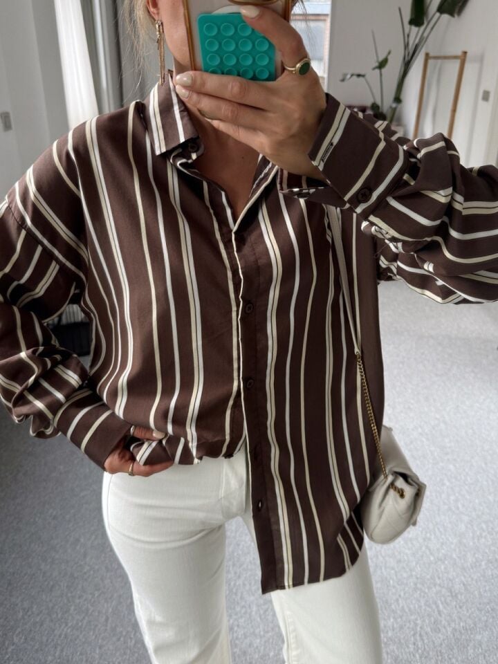 KAHVERENGİ ÇİZGİLİ OVERSİZE GÖMLEK