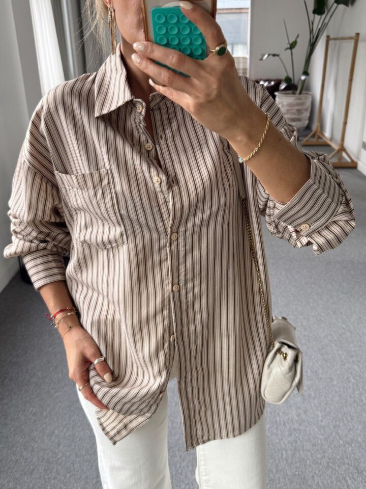 BEJ İNCE ÇİZGİLİ OVERSİZE GÖMLEK