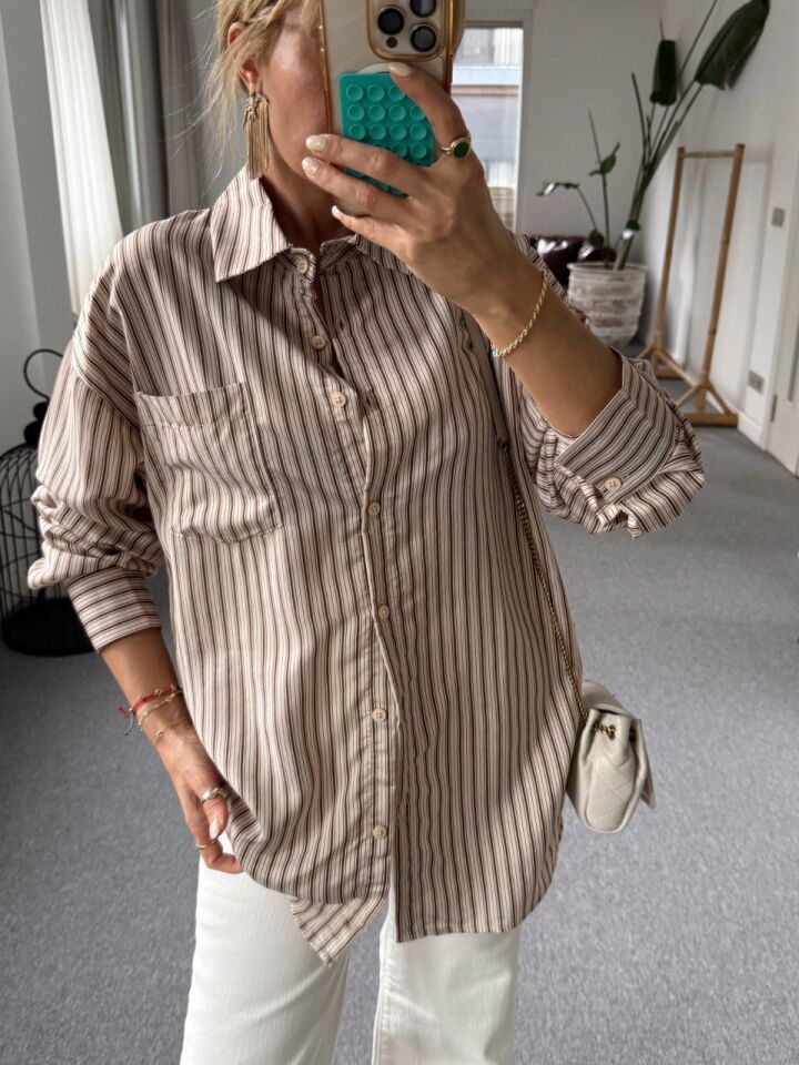 BEJ İNCE ÇİZGİLİ OVERSİZE GÖMLEK