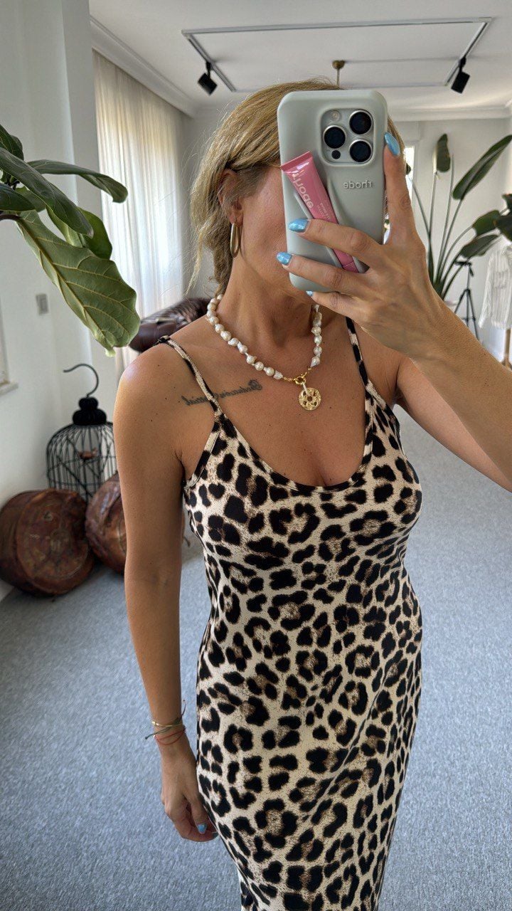 LEOPAR BASKILI MAXİ ELBİSE