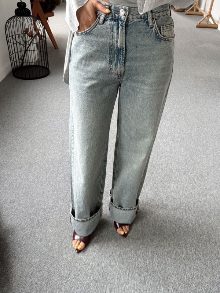 MAVİ TAŞLANMIŞ WIDE LEG JEAN