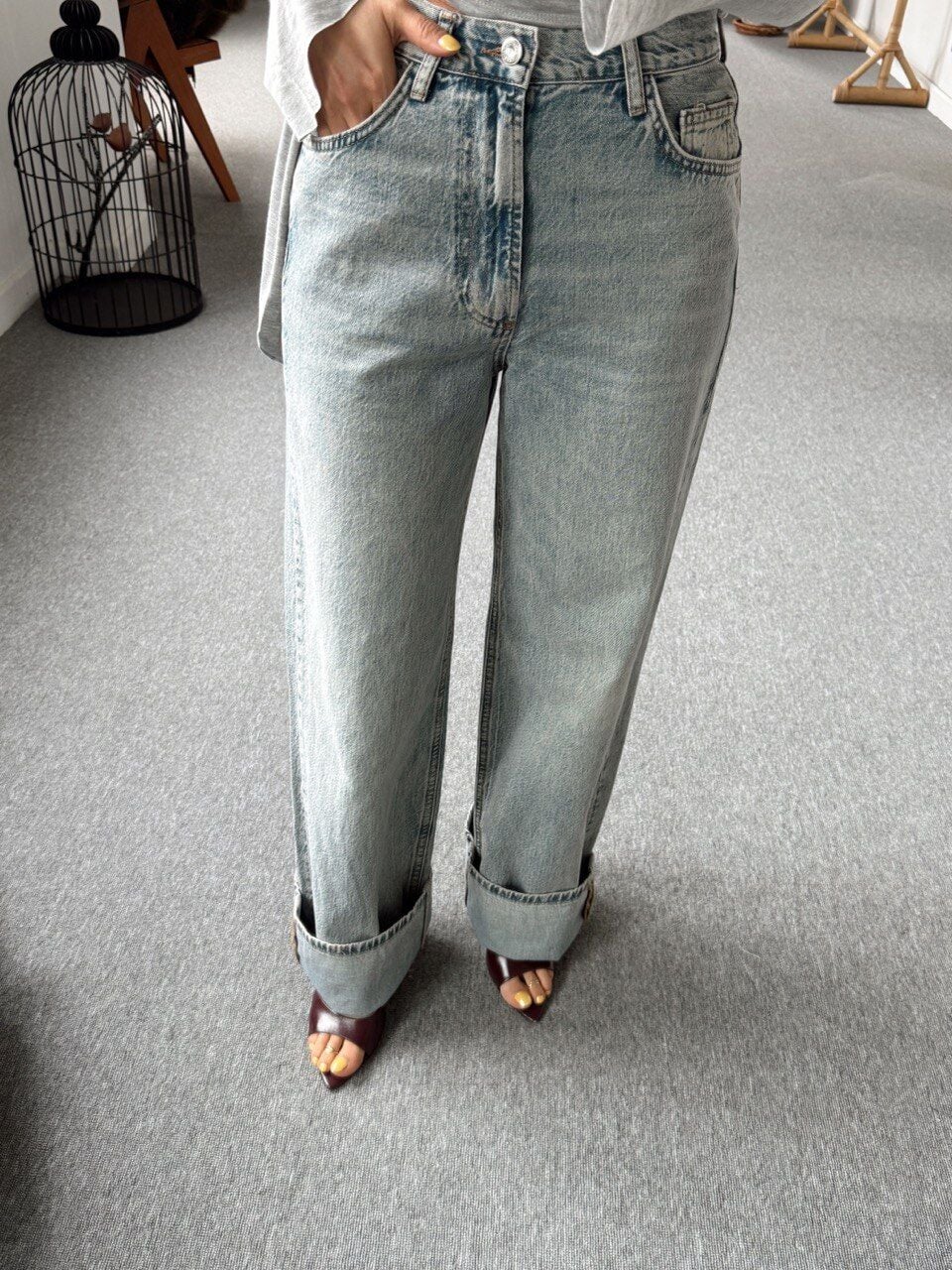 MAVİ TAŞLANMIŞ WIDE LEG JEAN