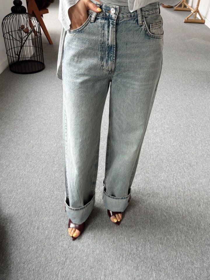 MAVİ TAŞLANMIŞ WIDE LEG JEAN