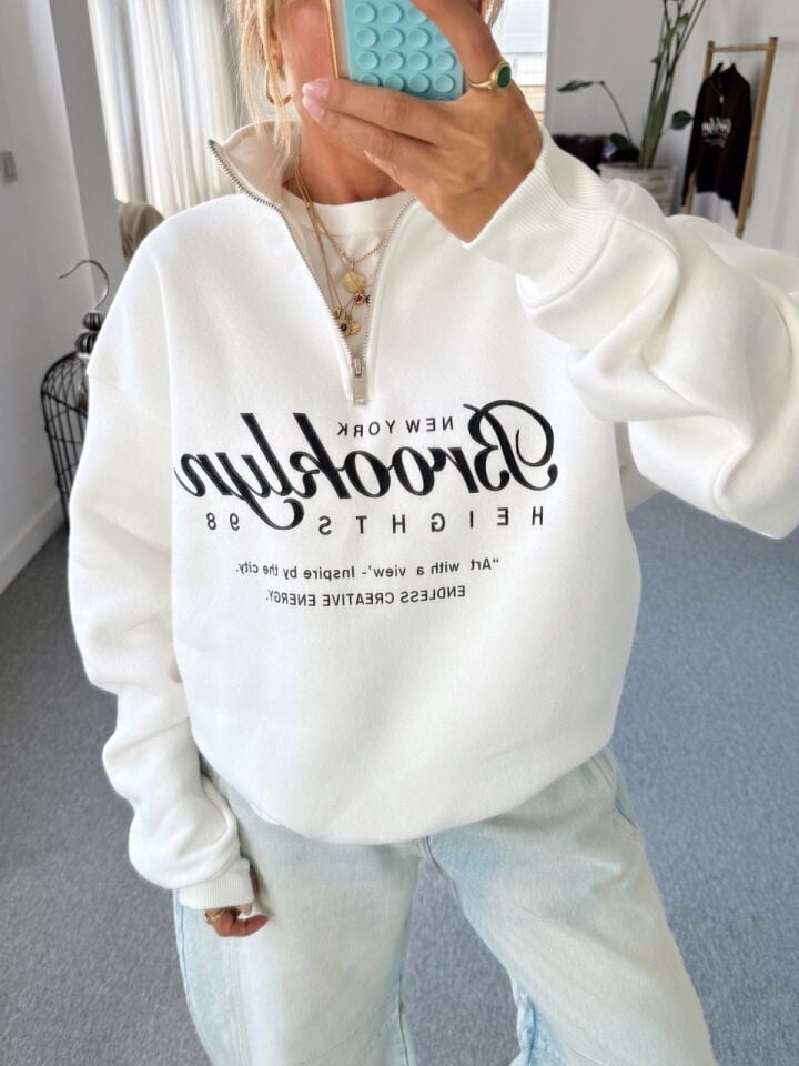 BEYAZ BROOKLYN BASKILI SWEATSHIRT