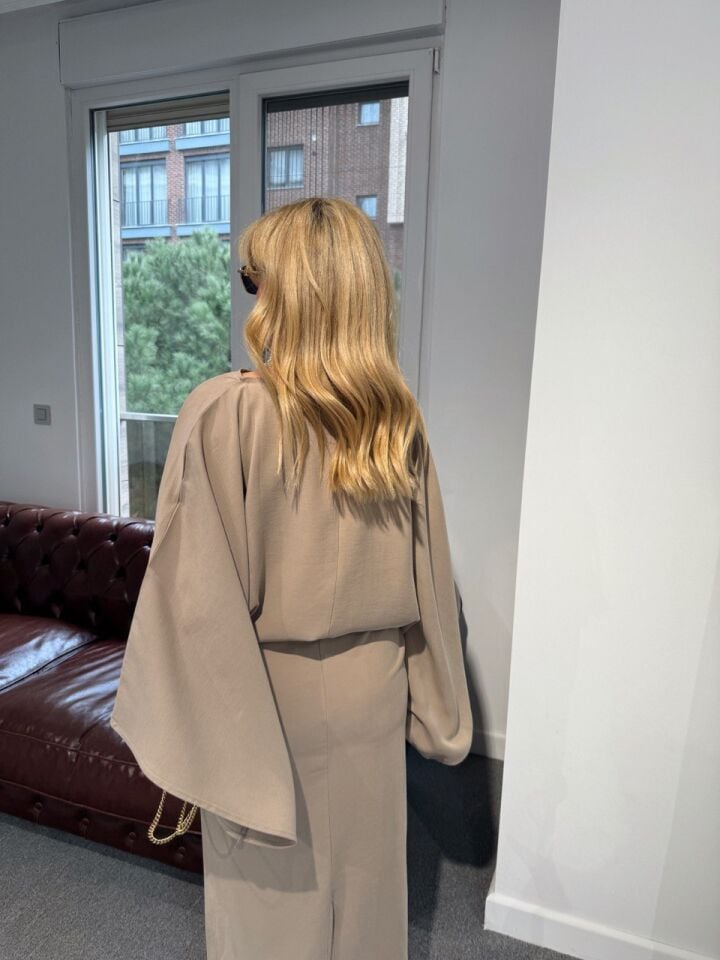 BEJ YARASA KOL TENSEL KUMAŞ  ELBİSE