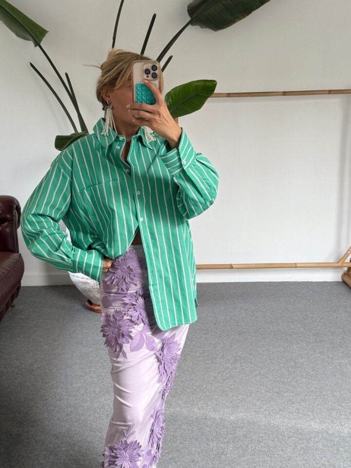 YEŞİL ÇİZGİLİ OVERSIZE GÖMLEK