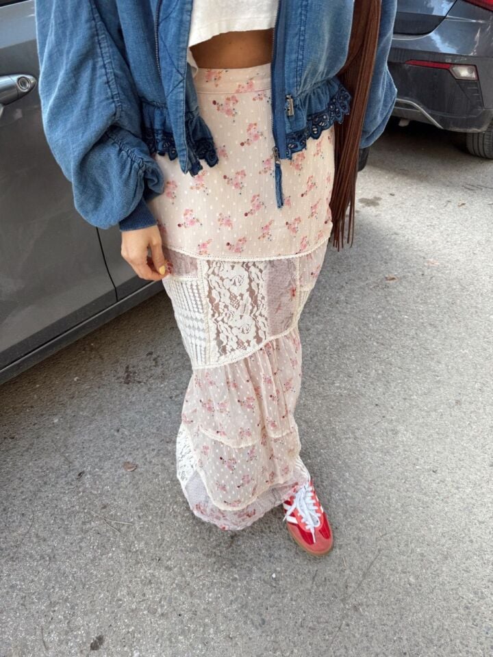 PUDRA ÇİÇEKLİ DANTEL DETAY İTHAL ETEK