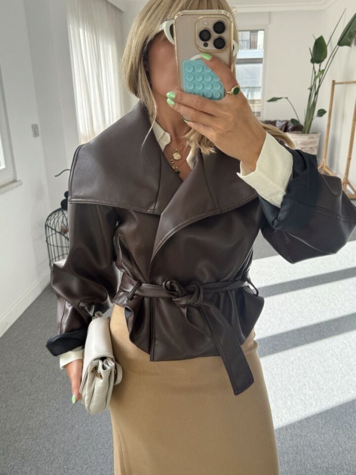 KAHVE KEMERLİ SUNİ DERİ CEKET