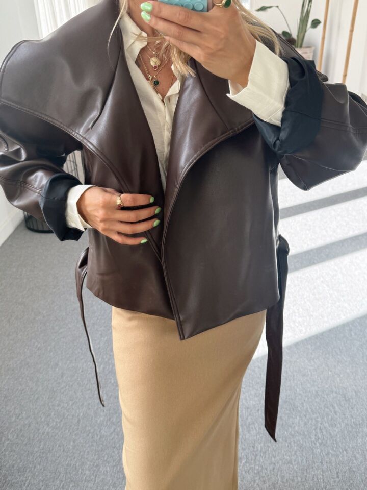 KAHVE KEMERLİ SUNİ DERİ CEKET