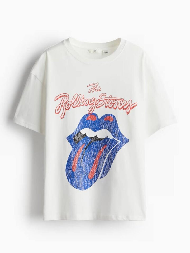 BEYAZ ROLLING STONE BASKILI TSHIRT