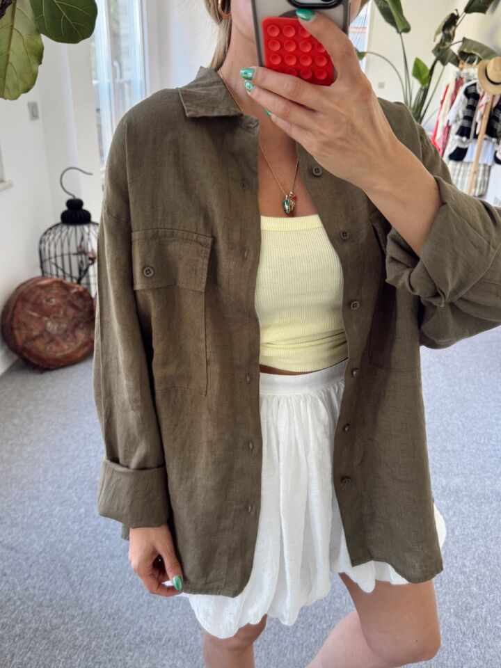 HAKİ HAM KETEN OVERSIZE GÖMLEK