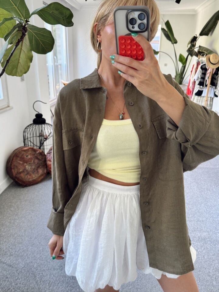 HAKİ HAM KETEN OVERSIZE GÖMLEK