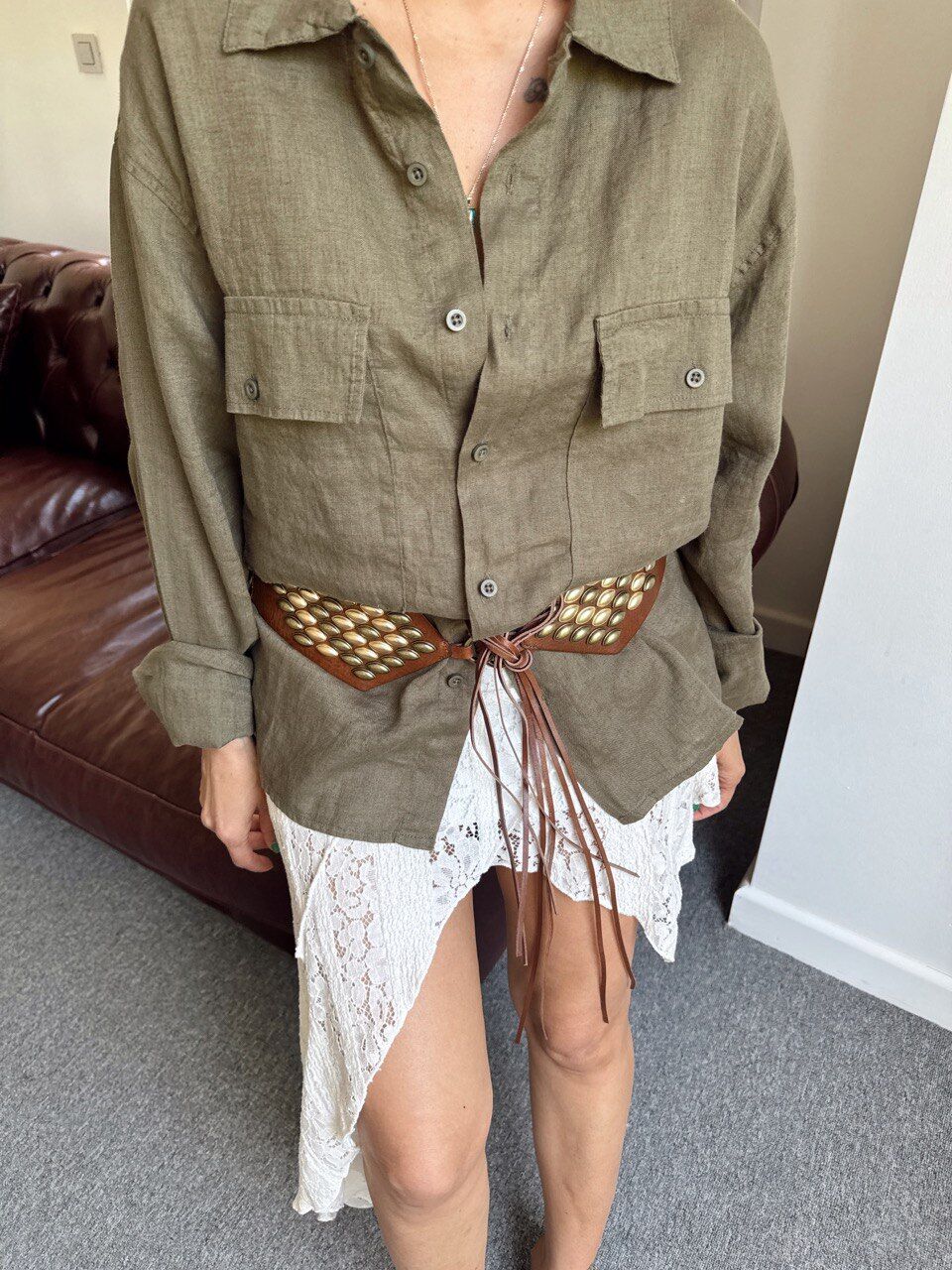 HAKİ HAM KETEN OVERSIZE GÖMLEK