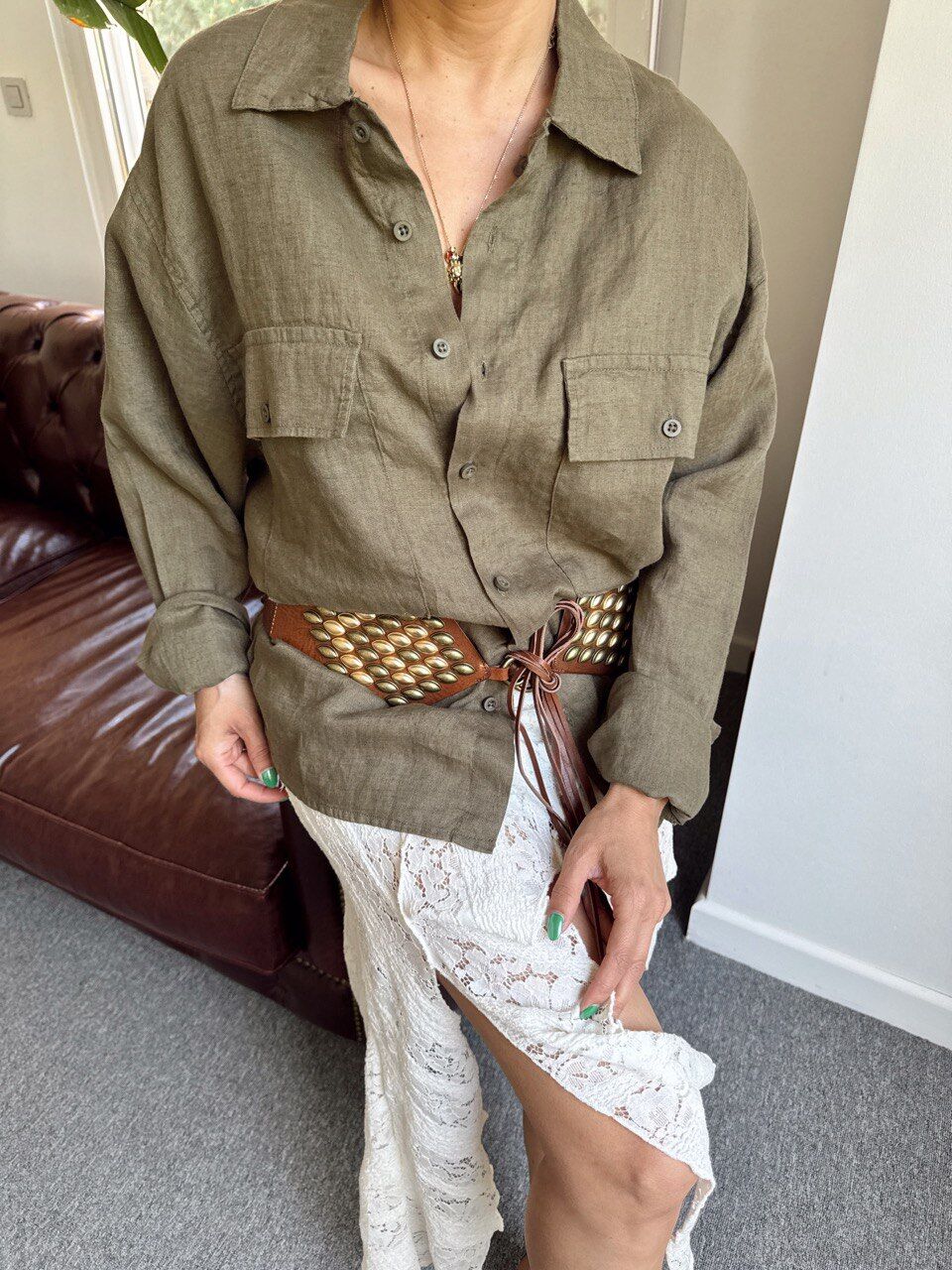 HAKİ HAM KETEN OVERSIZE GÖMLEK