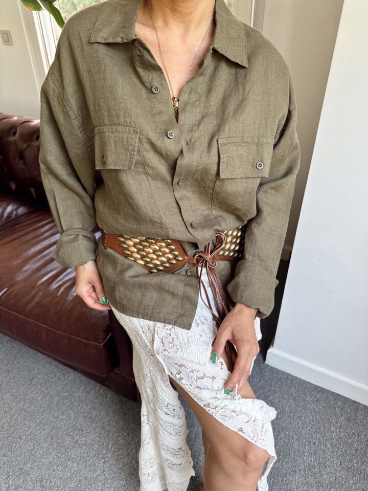 HAKİ HAM KETEN OVERSIZE GÖMLEK