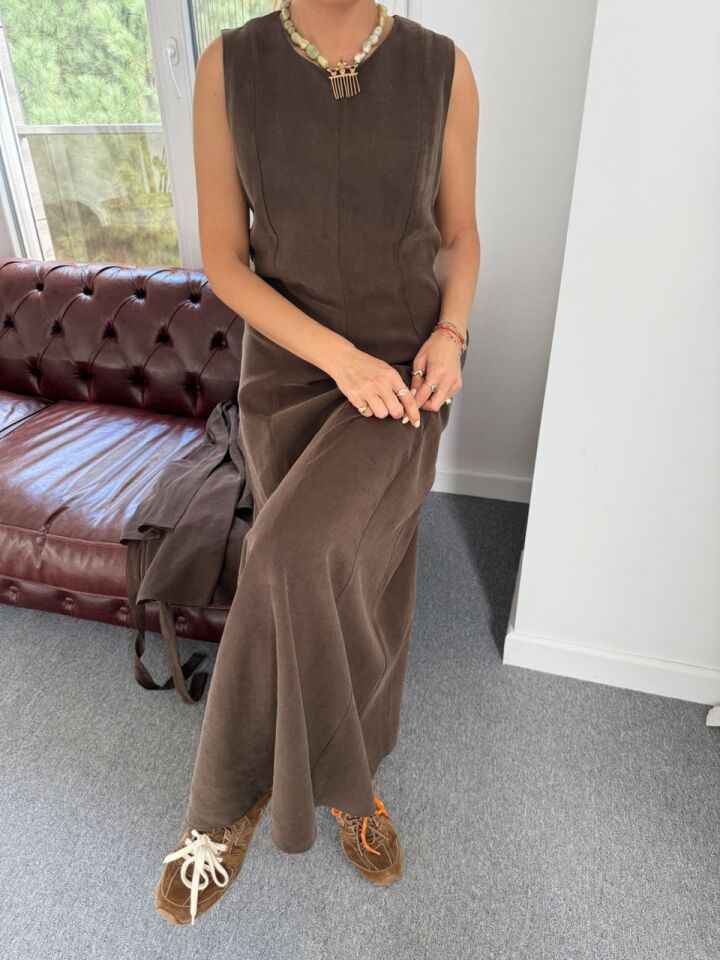 KAHVERENGİ TENSEL KUMAŞ CEKET ELBİSE TAKIM