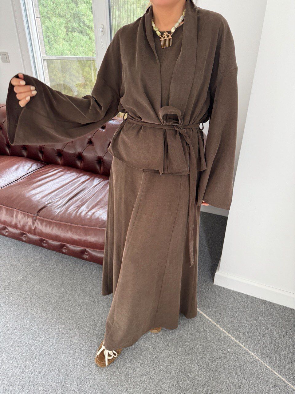 KAHVERENGİ TENSEL KUMAŞ CEKET ELBİSE TAKIM ( ÖN SİPARİŞ )